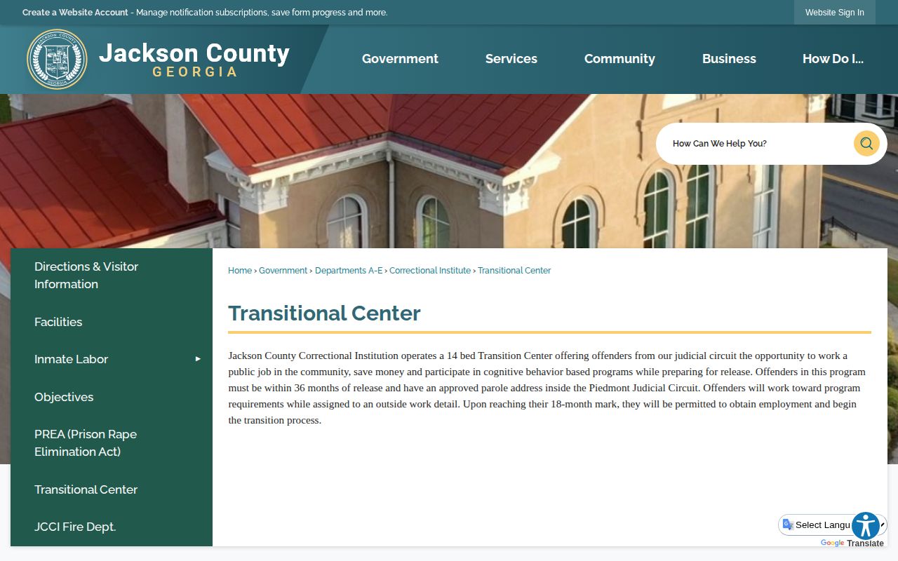 Jackson County Correctional Institution Transitional Center webpage