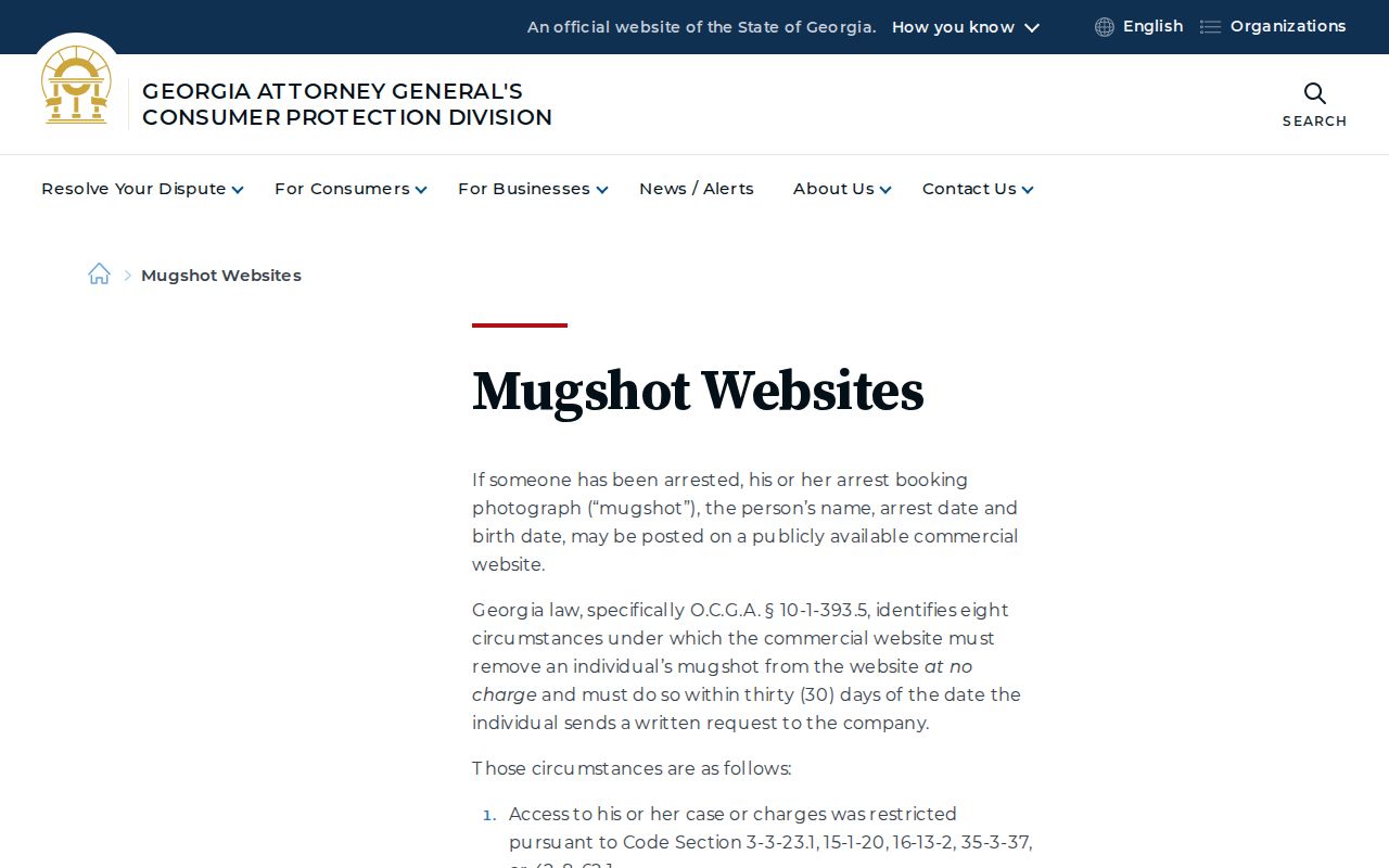 Georgia consumer guidance about commercial mugshot websites