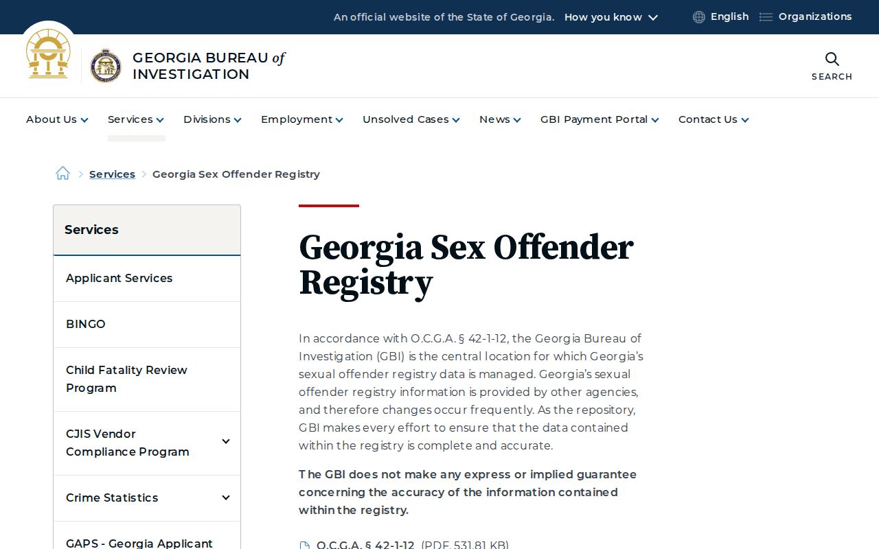 Georgia Bureau of Investigation sex offender registry service page