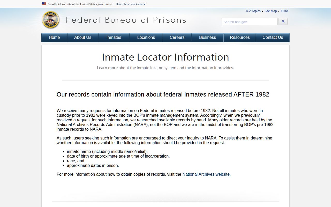 Bureau of Prisons information about federal inmate records